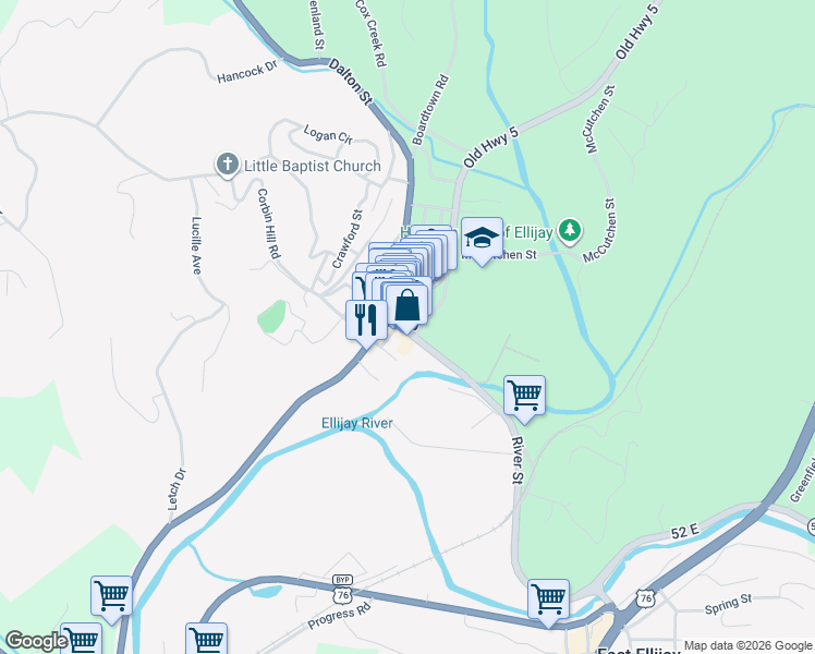 map of restaurants, bars, coffee shops, grocery stores, and more near West River Trace in Ellijay