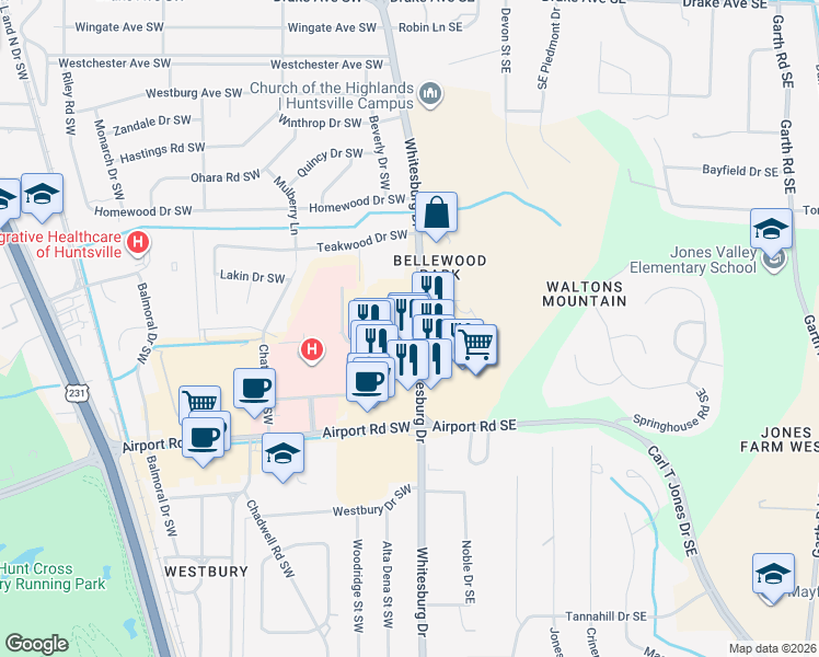 map of restaurants, bars, coffee shops, grocery stores, and more near 4725 Whitesburg Drive in Huntsville