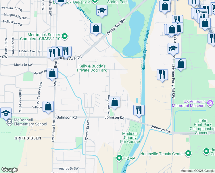 map of restaurants, bars, coffee shops, grocery stores, and more near 4002 Knight Road Southwest in Huntsville