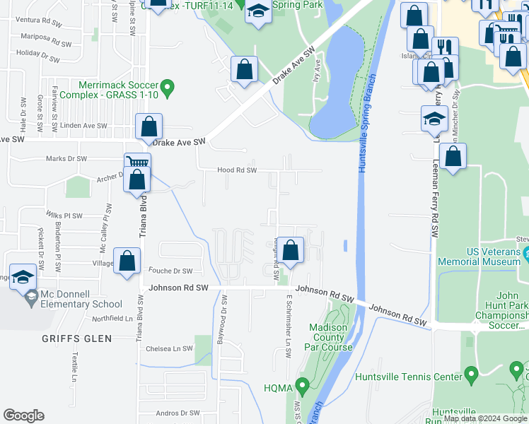 map of restaurants, bars, coffee shops, grocery stores, and more near 4002 Knight Road Southwest in Huntsville