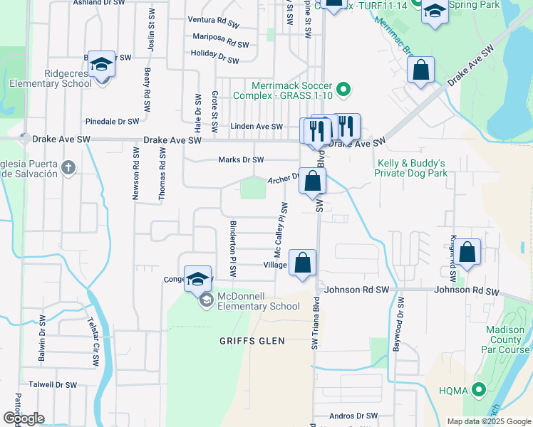 map of restaurants, bars, coffee shops, grocery stores, and more near 3308 Wilks Place Southwest in Huntsville
