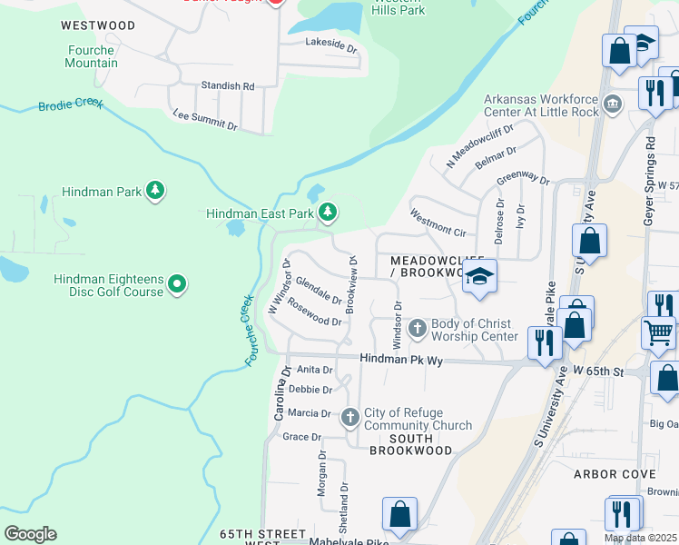 map of restaurants, bars, coffee shops, grocery stores, and more near 14 West Windsor Drive in Little Rock