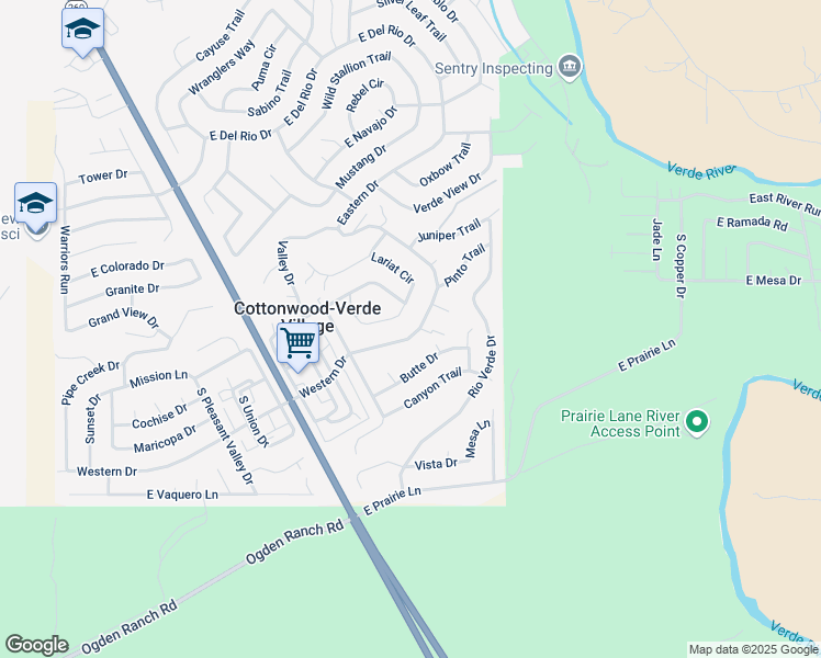 map of restaurants, bars, coffee shops, grocery stores, and more near 2411 Lariat Circle in Cottonwood