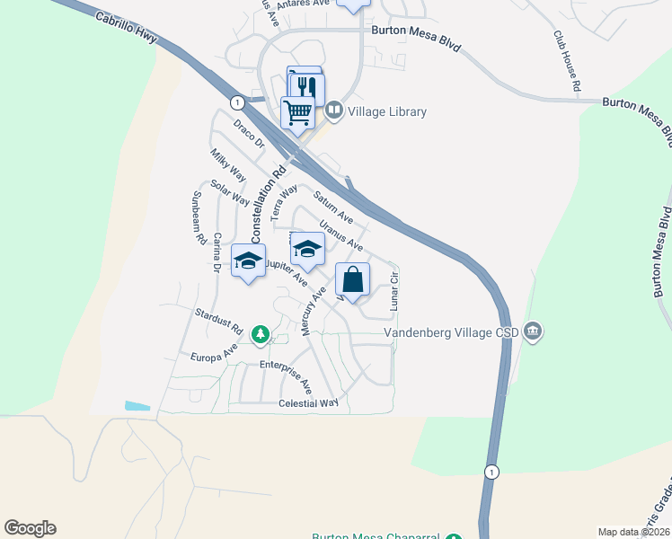 map of restaurants, bars, coffee shops, grocery stores, and more near 537 Mercury Avenue in Lompoc