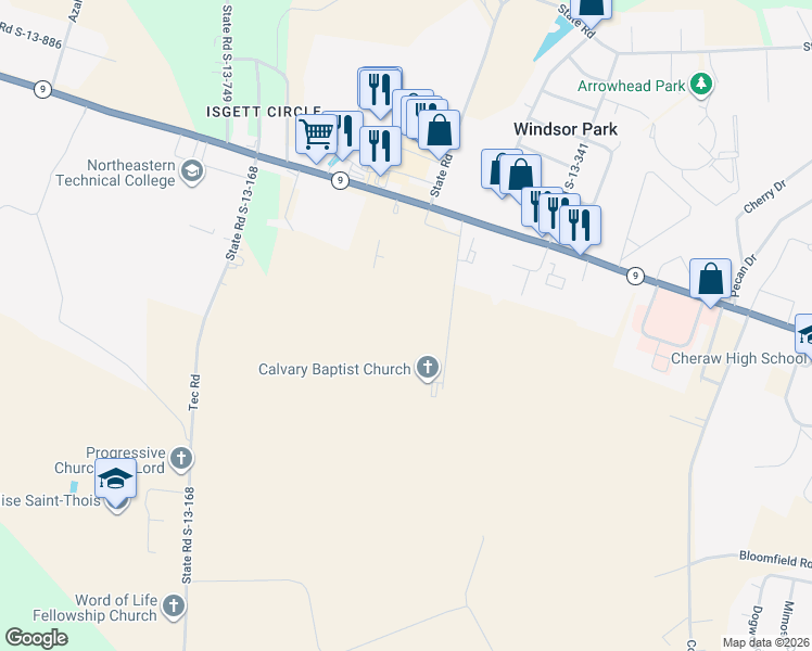 map of restaurants, bars, coffee shops, grocery stores, and more near in Cheraw