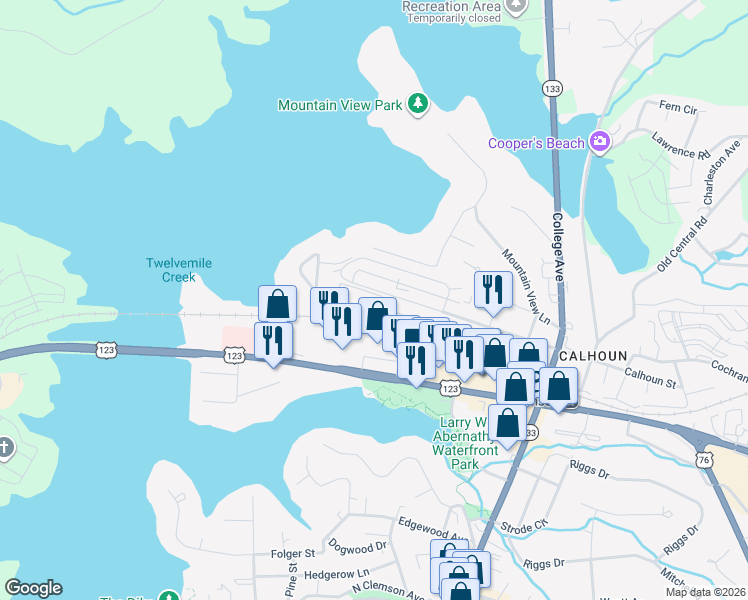 map of restaurants, bars, coffee shops, grocery stores, and more near 38 Clemson Place Circle in Clemson