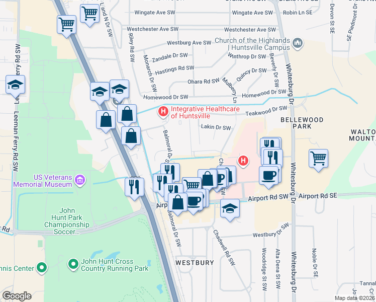 map of restaurants, bars, coffee shops, grocery stores, and more near 510 Chateau Drive Southwest in Huntsville