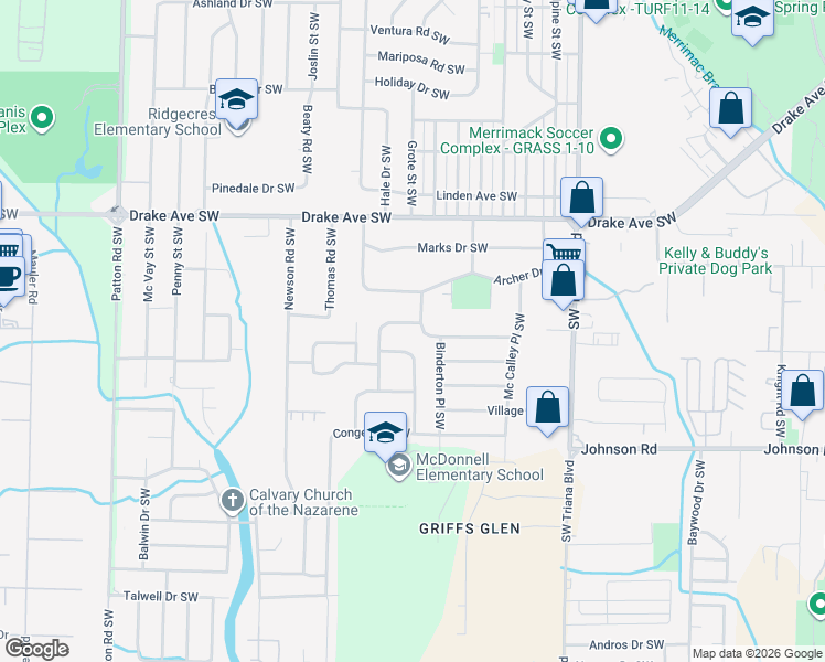 map of restaurants, bars, coffee shops, grocery stores, and more near 3402 Kennemore Drive Southwest in Huntsville