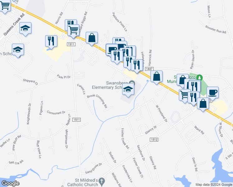 map of restaurants, bars, coffee shops, grocery stores, and more near 13 Port West in Swansboro