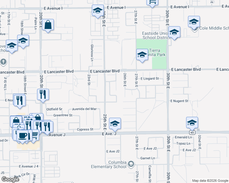 map of restaurants, bars, coffee shops, grocery stores, and more near 44637 Cerisa Street in Lancaster