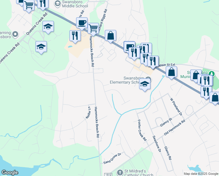 map of restaurants, bars, coffee shops, grocery stores, and more near 205 Brook Crossing Road in Swansboro