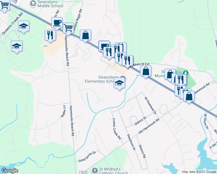 map of restaurants, bars, coffee shops, grocery stores, and more near 13 Port West Court in Swansboro