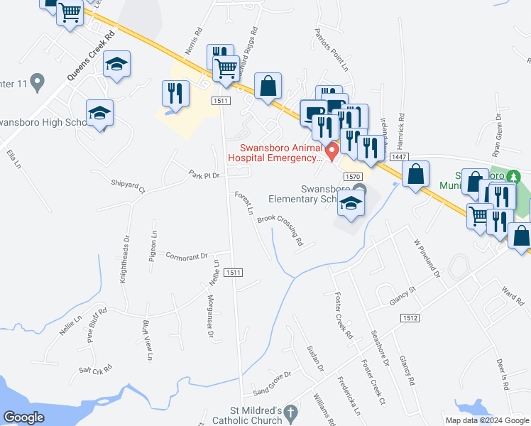 map of restaurants, bars, coffee shops, grocery stores, and more near 205 Brook Crossing Road in Swansboro