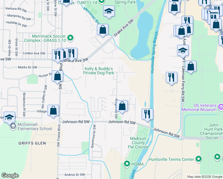 map of restaurants, bars, coffee shops, grocery stores, and more near 4002 Knight Road Southwest in Huntsville