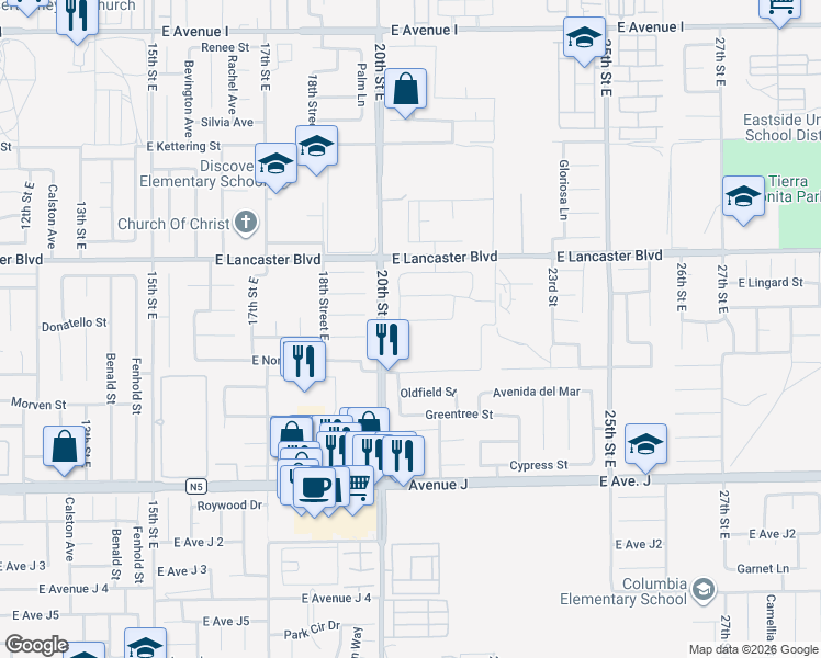 map of restaurants, bars, coffee shops, grocery stores, and more near 2030 East Donatello Street in Lancaster