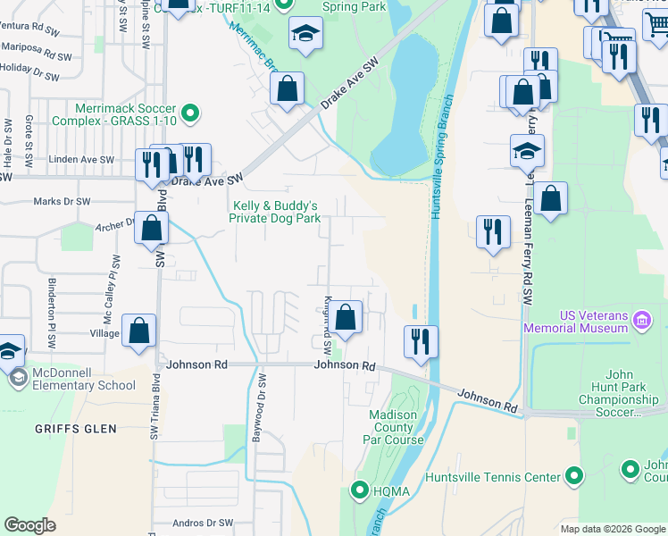 map of restaurants, bars, coffee shops, grocery stores, and more near 4041 Knight Road Southwest in Huntsville