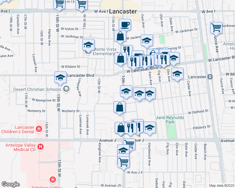 map of restaurants, bars, coffee shops, grocery stores, and more near 44641 10th Street West in Lancaster