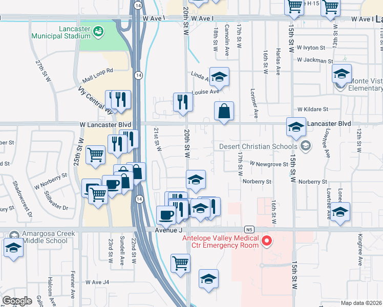 map of restaurants, bars, coffee shops, grocery stores, and more near 44654 20th Street West in Lancaster