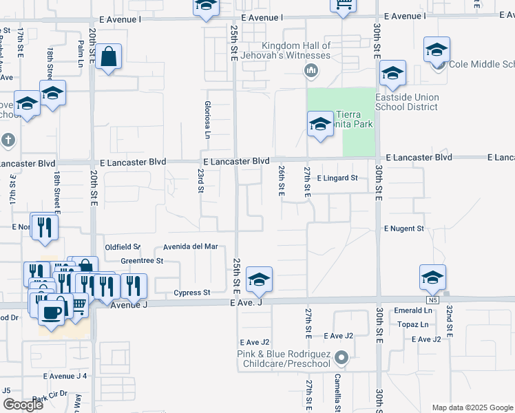 map of restaurants, bars, coffee shops, grocery stores, and more near 44637 Cerisa Street in Lancaster