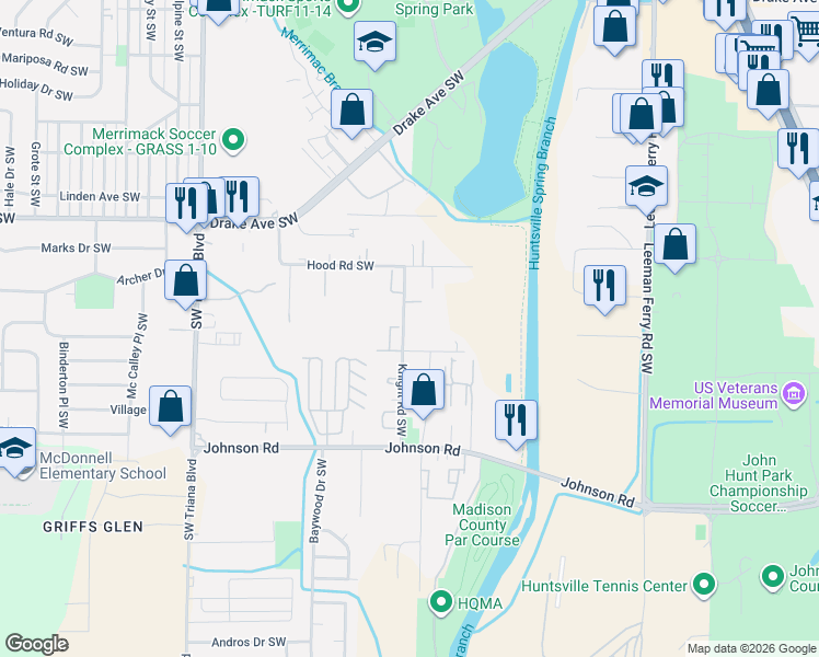 map of restaurants, bars, coffee shops, grocery stores, and more near 4041 Knight Road Southwest in Huntsville
