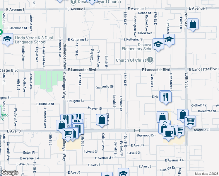 map of restaurants, bars, coffee shops, grocery stores, and more near 44668 13th Street East in Lancaster