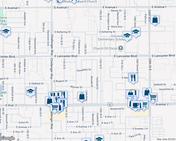 map of restaurants, bars, coffee shops, grocery stores, and more near 44668 13th Street East in Lancaster