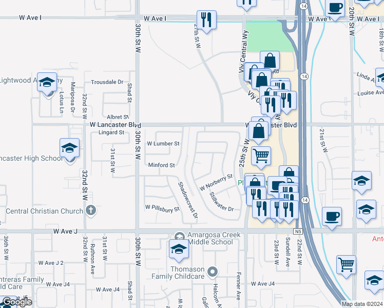 map of restaurants, bars, coffee shops, grocery stores, and more near 44655 Overland Avenue in Lancaster