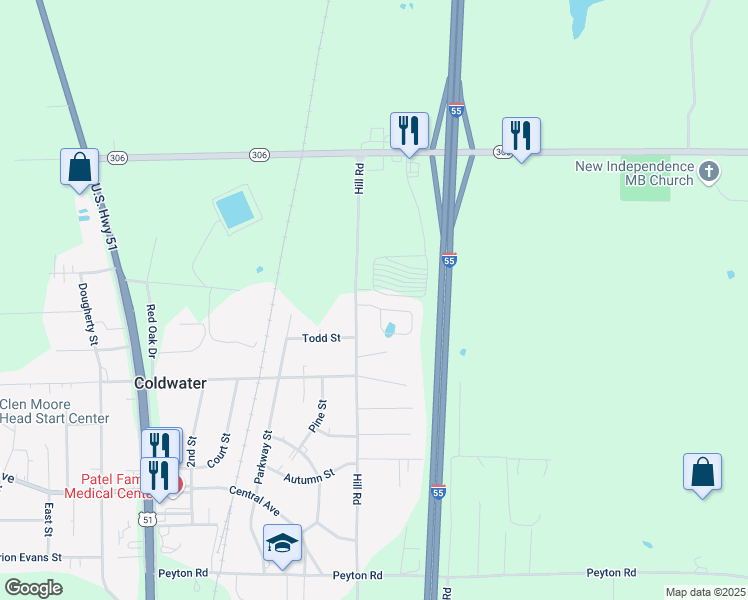 map of restaurants, bars, coffee shops, grocery stores, and more near 104 Flower Circle in Coldwater