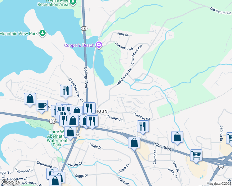 map of restaurants, bars, coffee shops, grocery stores, and more near 407 Lindsay Road in Clemson