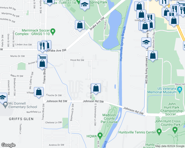 map of restaurants, bars, coffee shops, grocery stores, and more near 4041 Knight Road Southwest in Huntsville
