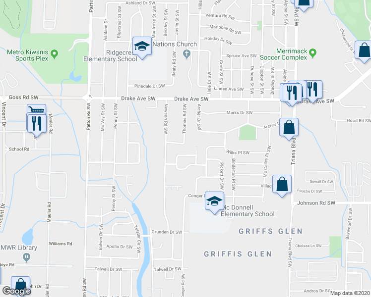 map of restaurants, bars, coffee shops, grocery stores, and more near 3919 Thomas Road Southwest in Huntsville