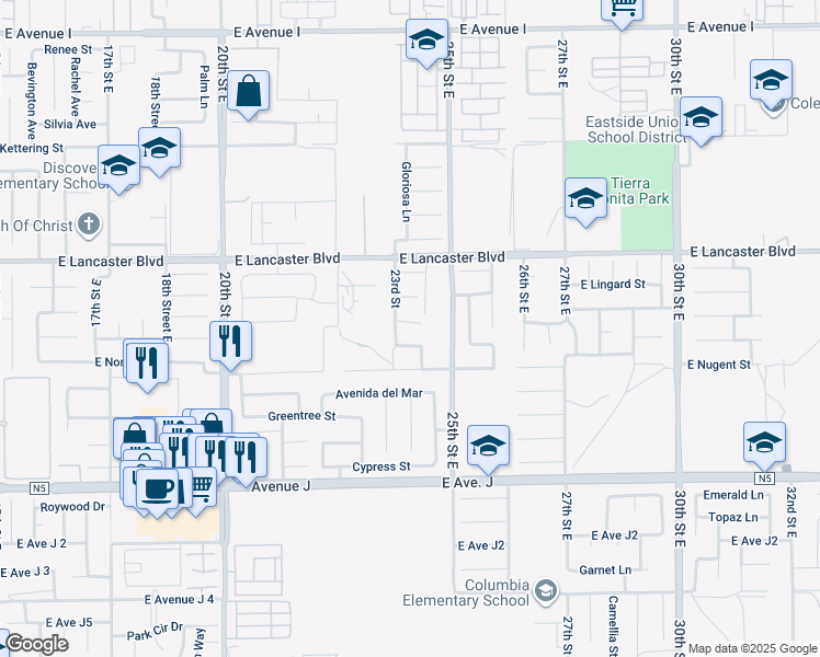 map of restaurants, bars, coffee shops, grocery stores, and more near 2314 Donatello Street in Lancaster