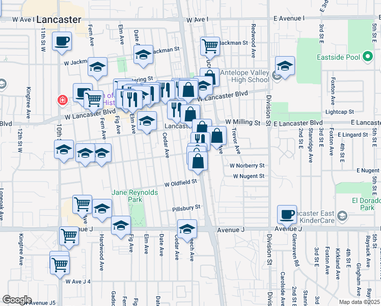 map of restaurants, bars, coffee shops, grocery stores, and more near 525 West Newgrove Street in Lancaster