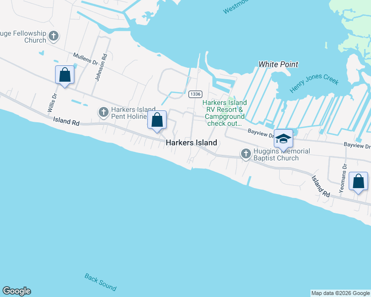 map of restaurants, bars, coffee shops, grocery stores, and more near in Harkers Island