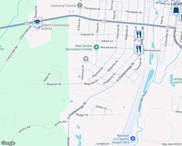 map of restaurants, bars, coffee shops, grocery stores, and more near 907 Bomar Street in LaFayette