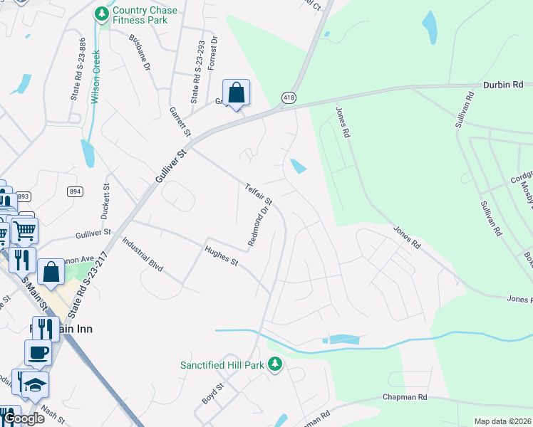 map of restaurants, bars, coffee shops, grocery stores, and more near 100 Redmond Drive in Fountain Inn