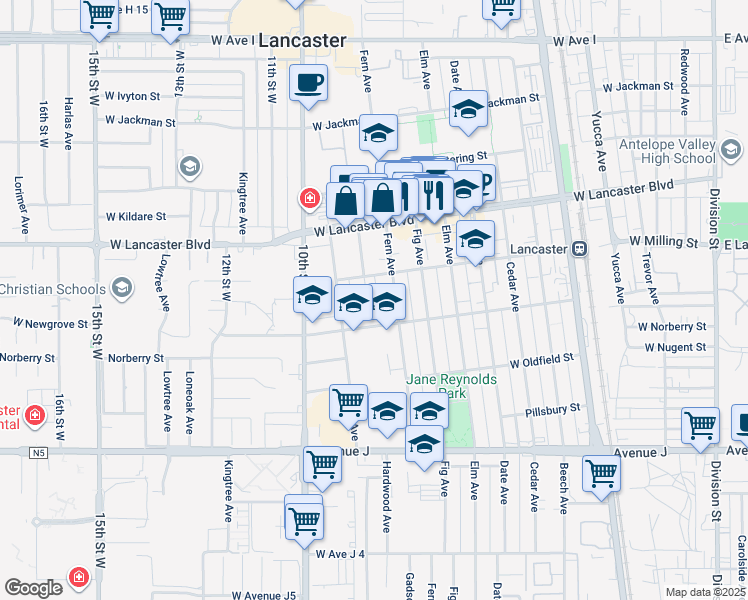map of restaurants, bars, coffee shops, grocery stores, and more near 44730 Gadsden Avenue in Lancaster