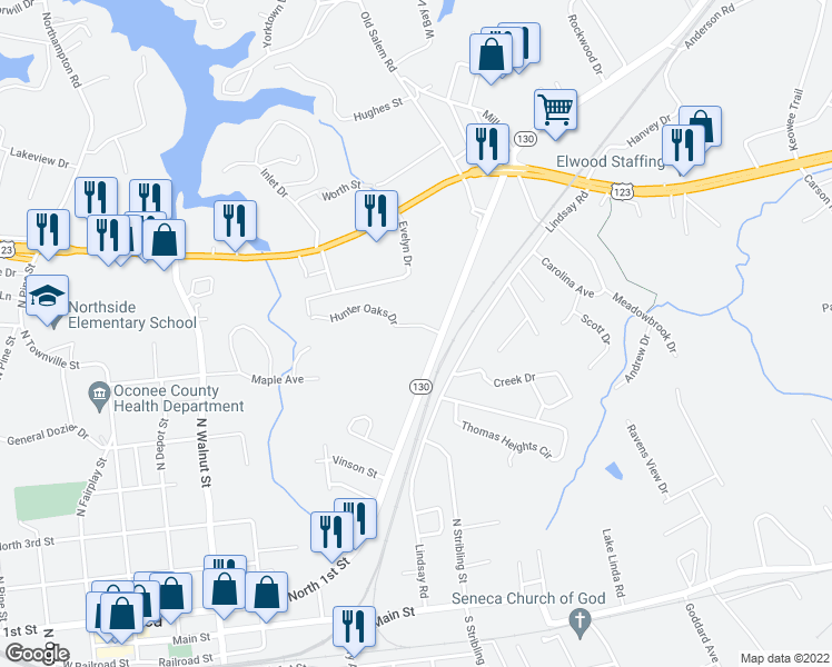 map of restaurants, bars, coffee shops, grocery stores, and more near 911 East North 1st Street in Seneca