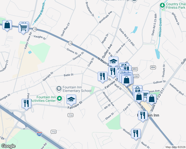 map of restaurants, bars, coffee shops, grocery stores, and more near 315 North Main Street in Fountain Inn