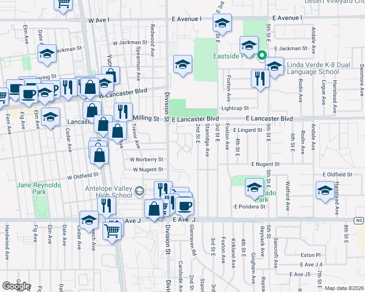 map of restaurants, bars, coffee shops, grocery stores, and more near 44710 Division Street in Lancaster