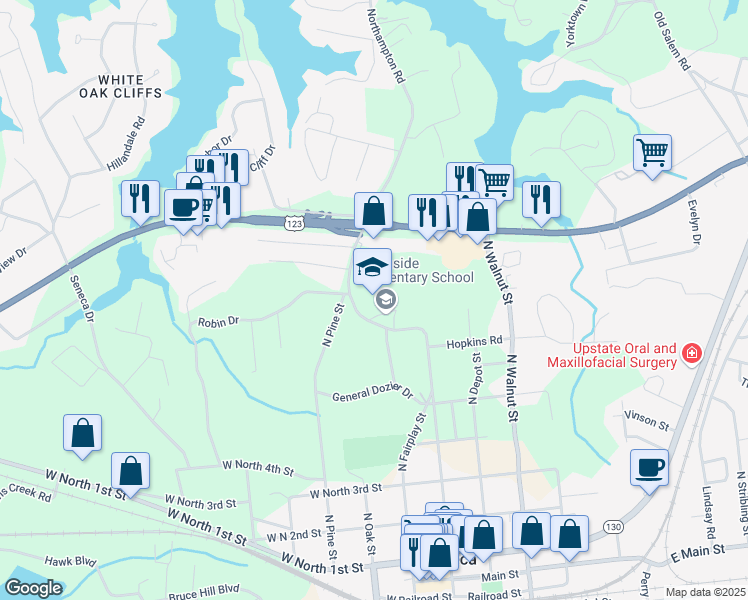 map of restaurants, bars, coffee shops, grocery stores, and more near 710 North Townville Street in Seneca