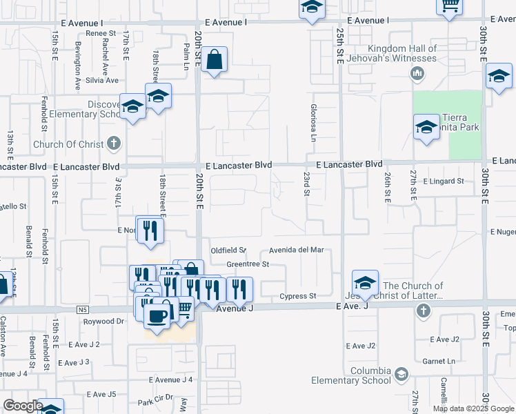 map of restaurants, bars, coffee shops, grocery stores, and more near 44653 Driftwood Street in Lancaster