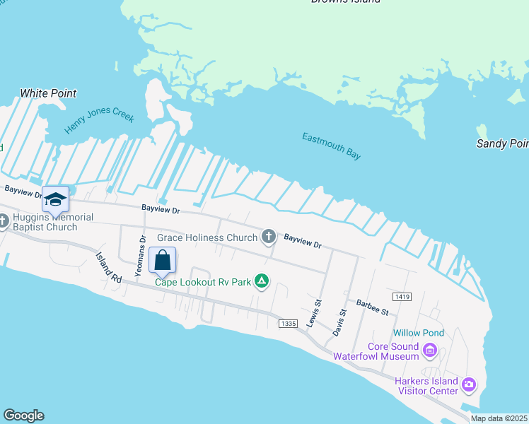 map of restaurants, bars, coffee shops, grocery stores, and more near 523 Bayview Drive in Harkers Island