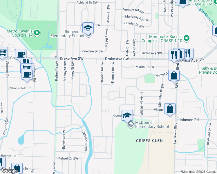 map of restaurants, bars, coffee shops, grocery stores, and more near 3923 Thomas Road Southwest in Huntsville