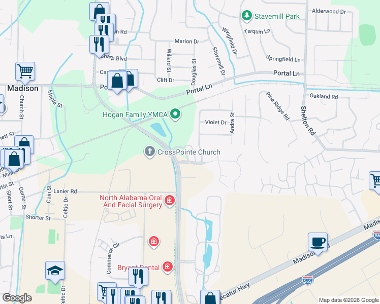 map of restaurants, bars, coffee shops, grocery stores, and more near 120 Park Square Lane in Madison