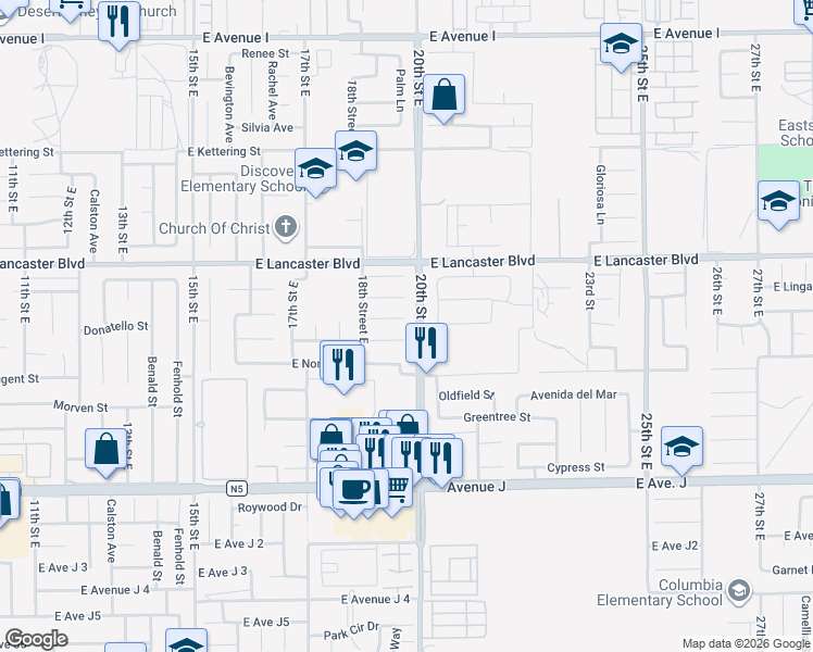 map of restaurants, bars, coffee shops, grocery stores, and more near 1846 East Newgrove Street in Lancaster