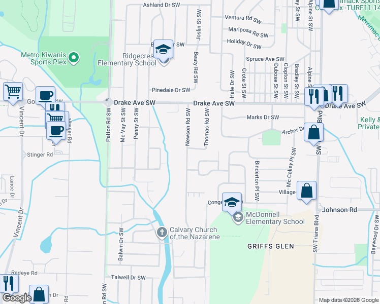 map of restaurants, bars, coffee shops, grocery stores, and more near 3927 Newson Road Southwest in Huntsville