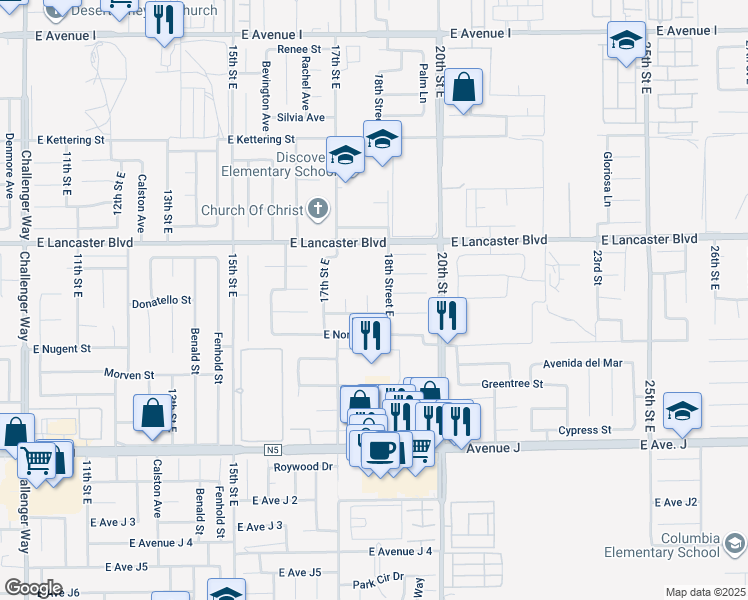 map of restaurants, bars, coffee shops, grocery stores, and more near 44658 Oak Grove Street in Lancaster