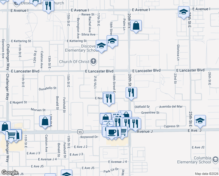 map of restaurants, bars, coffee shops, grocery stores, and more near 44658 Oak Grove Street in Lancaster