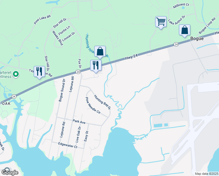 map of restaurants, bars, coffee shops, grocery stores, and more near 195 Guthrie Farm Road in Bogue